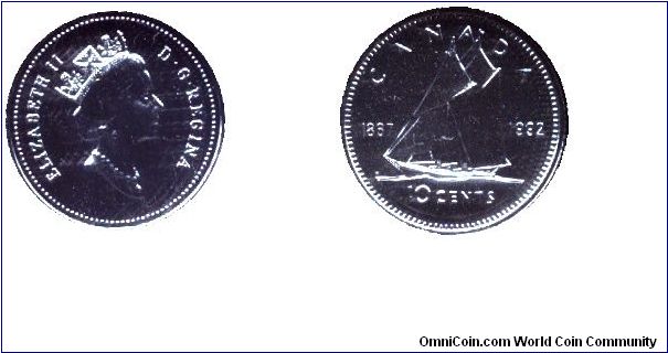 Canada, 10 cents, 1992, Ni, Queen Elizabeth II, Schooner, 1867-1992, 125th Anniversary of Canada, part of set KM SS77.                                                                                                                                                                                                                                                                                                                                                                                              