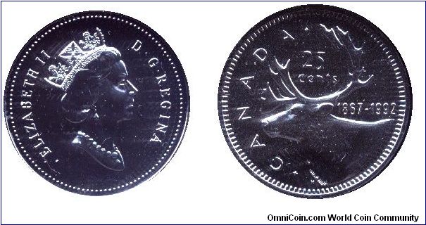Canada, 25 cents, 1992, Ni, Queen Elizabeth II, Caribou, 1867-1992, 125th Anniversary of Canada, part of set KM SS77                                                                                                                                                                                                                                                                                                                                                                                                