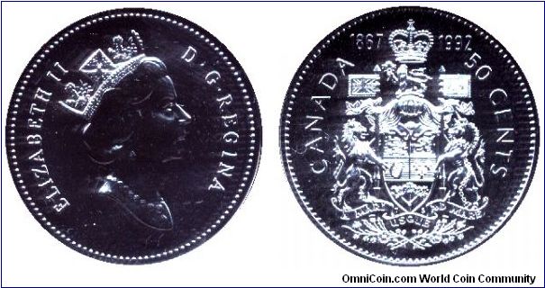 Canada, 50 cents, 1992, Ni, Queen Elizabeth II, Coat of Arms of Canada, 1867-1992, 125th Anniversary of Canada, part of set KM SS77.                                                                                                                                                                                                                                                                                                                                                                                