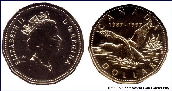 Canada, 1 dollar, 1997, Ni-Bronze, 11 sided, Queen Elizabeth II, Common Loon, 1987-1997, 10th Anniversary of the Common Loon dollar.                                                                                                                                                                                                                                                                                                                                                                                