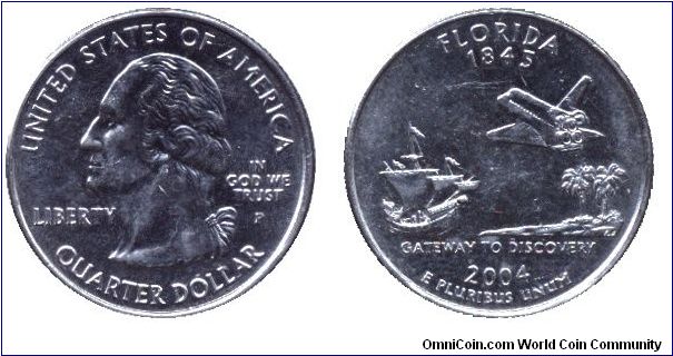 USA, 1/4 dollar, 2004, George Washington, Florida, 1845, Gateway to Discovery, MM: P.                                                                                                                                                                                                                                                                                                                                                                                                                               