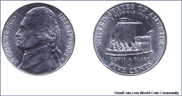 USA, 5 cents, 2004, Jefferson, Lewis & Clark, MM: P.                                                                                                                                                                                                                                                                                                                                                                                                                                                                