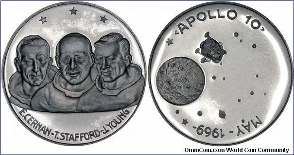 Apollo 10, the fourth in a series of palladium medallions to commemorate the Lunar Landings and the Race to the Moon.