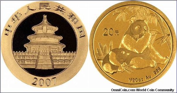 Twentieth ounce gold panda, same designs as the one ounce and other fractional sizes.