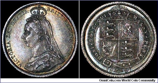 1887 Great Britain, Sixpence, Shield Reverse, Victoria, Jubilee Head.