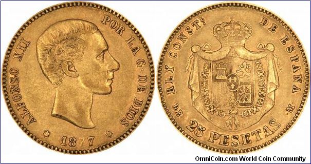 Gold 25 pesetas of Alfonso XII. As on many Spanish coins, there are 2 dates, a large obvious one, and a smaller one incuse on the 2 stars at either side of the date. Both are the same on this coin.
