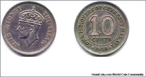 Malaya, 10 cents 1950.
King George VI.