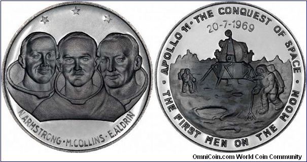Fifth medal in the 1969 'Men in Space' series in palladium. This one features Armstrong, Collins & Aldrin, and the date 20-7-69.
In case this is confusing to American, it means the 20th July 1969, not the 7th day of the 20th month (only joking, guys, but different international date formats can be ambiguous and confusing).
