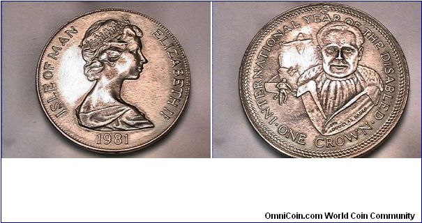 ELIZABETH II ISLE OF MAN,INTERNATIONAL YEAR OF THE DISABLED ONE CROWN, SIR DOUGLAS BADER
copper-nickel