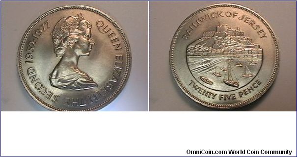 QUEEN ELIZABETH THE SECOND 1952-1977, BAILIWICK OF JERSEY TWENTY FIVE PENCE.copper-nickel