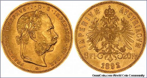 Austrian 'Uniform Coinage' official restrike, dual denominated 8 Florins 20 Francs, we always have to stop and check we have got the denominations the right way around.
An attractive and inexpensive gold bullion coin.