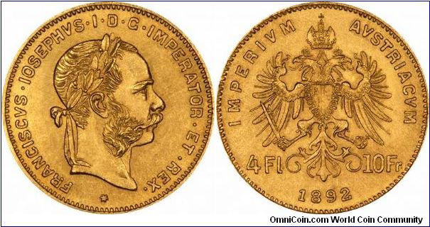 The 1892 official restrike of the 4 florins 10 francs is the other relatively common but attractive and affordable 'Uniform Coinage' gold bullion coin. Not as  common as its bigger brother.