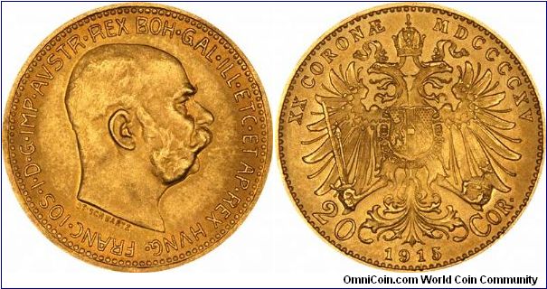 1915 restrike Austrian 20 coronas (coronae). Other non-restrike dates run from 1892 to 1916.