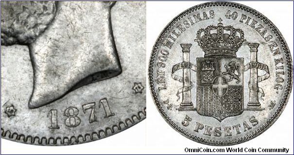 Close up shows actual production date as 1874 (on the two stars), compared with the  'obvious' 1871 date.