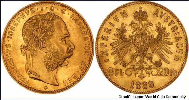 Original non-restrike version of Austrian 8 Florins / 20 Francs gold 'Uniform Coinage' issue.