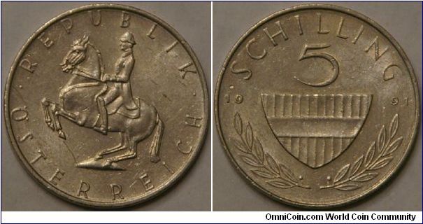 5 schilling, with Lipizzaner stallion and rider, Cu-Ni 23.5 mm