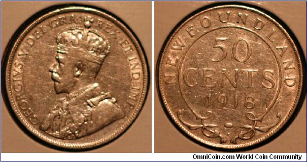 Newfoundland 50 cents 1918 silver - George V