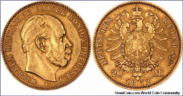 Kaiser Bill (Wilhelm I) on 1872 Prussian gold 20 Mark.