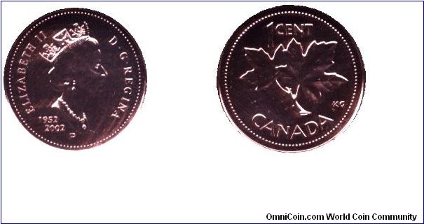 Canada, 1 cent, 2002, Cu-Steel, Elizabeth II, Maple twig, 1952-2002, 50th Anniversary of Reign.                                                                                                                                                                                                                                                                                                                                                                                                                     