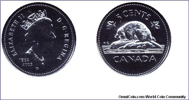 Canada, 5 cents, 2002, Ni-Steel, Elizabeth II, Beaver, 1952-2002, 50th Anniversary of Reign.                                                                                                                                                                                                                                                                                                                                                                                                                        