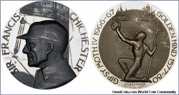 Sir Francis Chichester on Gipsy Moth IV, and Neptune with trident and laurel wreath. Francis Drake's Golden Hind 1577 - 1580 also gets an honourable mention.
Limited edition of 10 pieces struck in platinum.