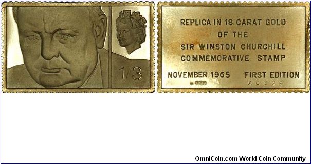 Sir Winston Churchill on an 18ct gold medallic replica of a 1/3 (one shilling and three pence in old pre-decimal money) postage stamp issued to commemorate him.