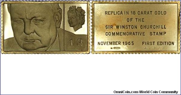 Sir Winston Churchill on an 18ct gold medallic replica of a 1/3 (one shilling and three pence in old pre-decimal money) postage stamp issued to commemorate him.