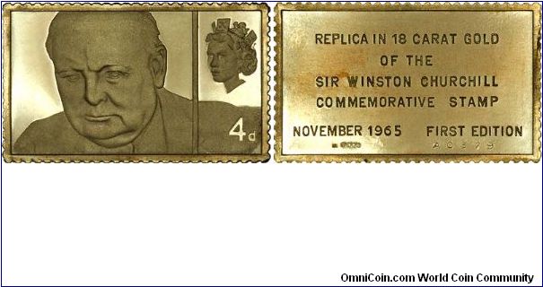 Fourpence postage stamp commemorating Sir Winston Churchill, issued as a medallic replica in 18 ct (karat) gold.