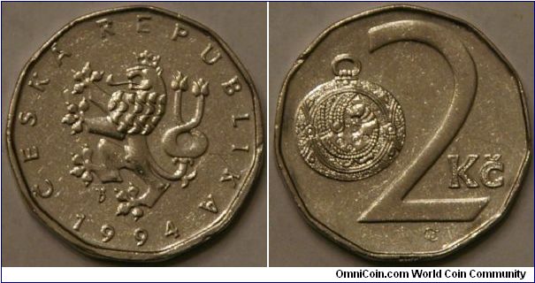 2 korun, Czech lion Great Moravian button-jewel. Nickel plated Steel, 21.5 mm