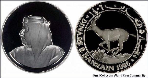 Sheik Isa Bin Salman on the obverse of a silver proof 5 dinars, the reverse pictures a Rhim gazelle. Issued as part of an international World Wildlife Fund (WWF) collection.