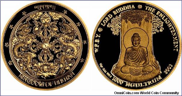 Lord Buddha - The Enlightenment on reverse of Bhutanese gold proof 1,000 Ngultrums. The obverse design is pretty snazzy too, with intertwined dragons, lotus flowers, and who knows what else.