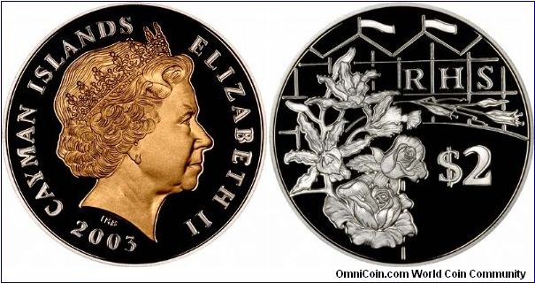 RHS Chelsea Flower Show, of which we believe the Queeen is the Patron, on Reverse of 2002 Cayman Islands $2. Issued for the 50th anniversary of her Coronation.