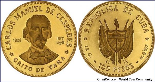 Carlos Manuel de Cespedes on Reverse of 1977 Cuban Gold 100 Pesos, the first time Cuba has issued gold coins since 1916. Cashing in on the US collectors market?