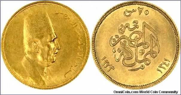 King Fuad on Obverse of 1923 (1341 AH) gold Egyptian 20 Piastres.