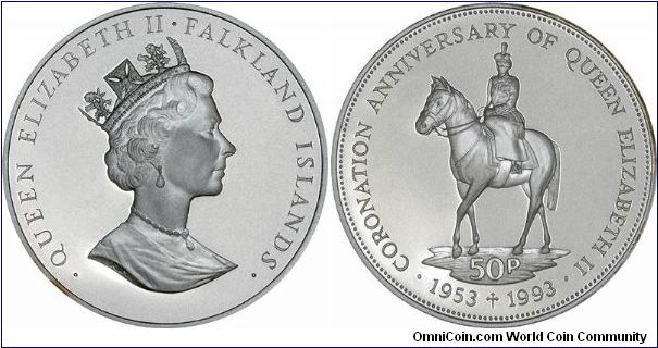 Equestrian portrait on the reverse of this 1993 silver proof Falklands crown echoes the reverse of the 1953 British Five Shillings, and was issued to commemorate the 40th anniversary of the Coronation.