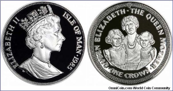Queen Mother with the Two Young Princesses Elizabeth II & Princess Margaret), on 1985 silver proof crown.