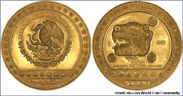 1,000 Pesos - One Ounce gold, Pre - Columbian Series - Stone of the Suns - Jaguar.