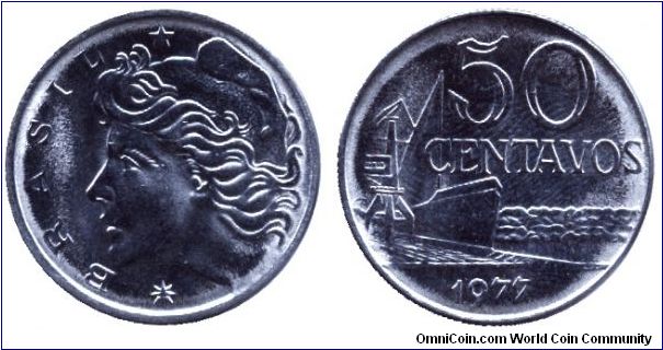 Brazil, 50 centavos, 1977, Steel.                                                                                                                                                                                                                                                                                                                                                                                                                                                                                   