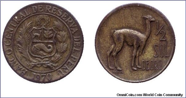 Peru, 1/2 sol, 1970, Brass, Llama.                                                                                                                                                                                                                                                                                                                                                                                                                                                                                  