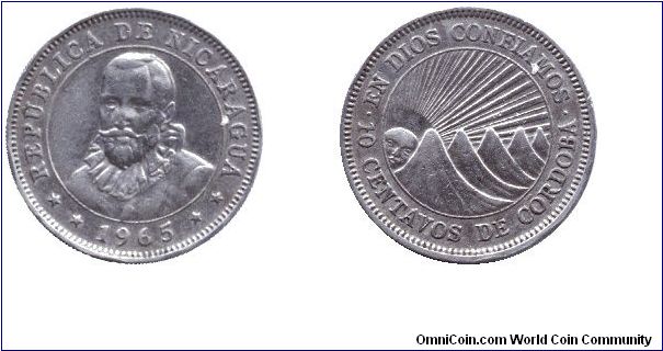 Nicaragua, 10 centavos, 1965, Cu-Ni,  En Dios Confiamos, Francisco Hernandes de Cordoba, B.C.N.                                                                                                                                                                                                                                                                                                                                                                                                                     