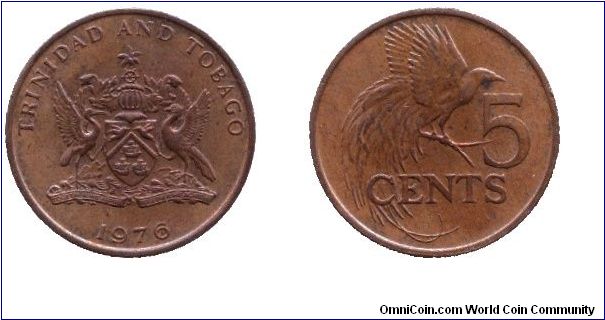 Trinidad & Tobago, 5 cents, 1976, Bronze, Paradise Bird.                                                                                                                                                                                                                                                                                                                                                                                                                                                            