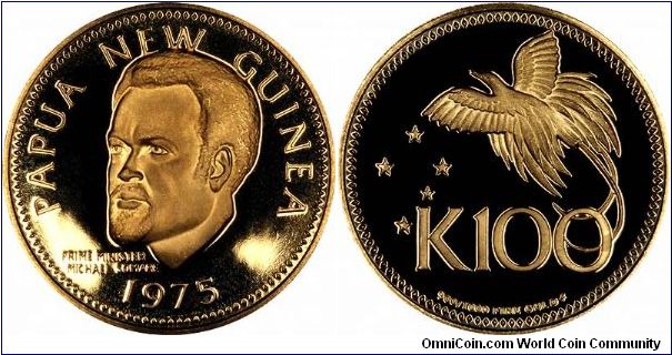 Prime Minister Michael Somare on a gold proof 100 Kina. The reverse design reflects the national flag, having a soaring bird of paradise in the upper right, flying from right to left, and five stars to the lower left representing the 5 stars of the Southern Cross.
Coins of Papua New Guinea were mainly struck by the Franklin Mint.