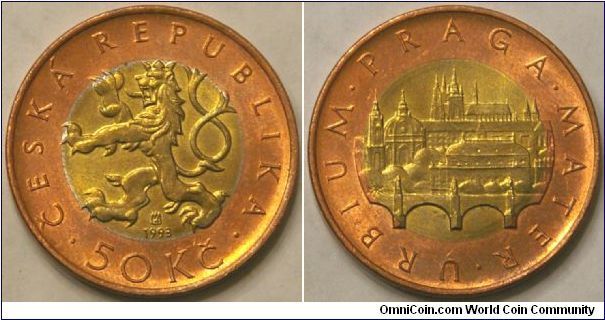 50 korun, beautiful bi-metallic coin in circulation, featuring a view of Prague (rev), 27.5 mm