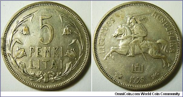Lithuania 1925 5 litai. Cleaned in the past but still a nice coin.