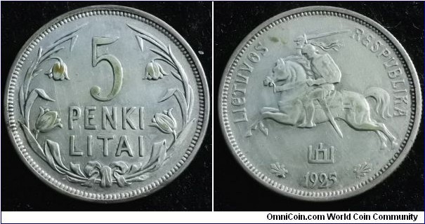 Lithuania 1925 5 litai. Cleaned in the past but still a nice coin.