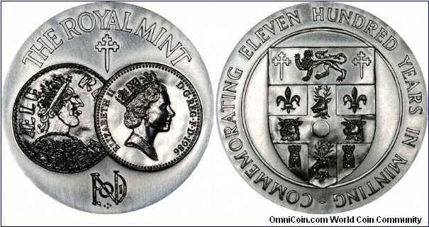 Large (63mm) silver medallion issued by the British Royal Mint in 1986 to celebrate 1,100 years in the minting business, featuring 'Coins on a Medallion', an interesting collecting theme.