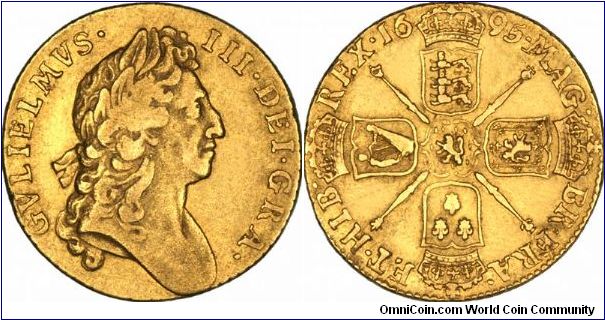 William III guinea, first bust, sceptres in angles.
