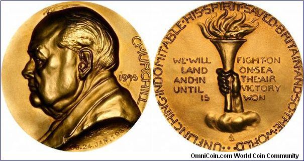 Large (50mm. 102.5 grams) Churchill obituary medal in 22 carat gold, by Loewenthal for Seaby, a modified re-issue of a 1945 Victory medal. Very high relief.