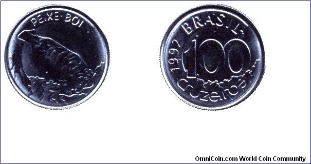 Brazil, 100 cruzeiros, 1992, Steel, Peixe Boi, Manatee.                                                                                                                                                                                                                                                                                                                                                                                                                                                             