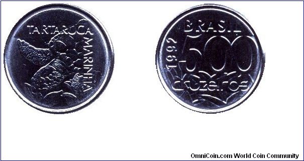 Brazil, 500 cruzeiros, 1992, Steel, Tartaruga Marinha, Leatherback Seaturtle.                                                                                                                                                                                                                                                                                                                                                                                                                                       